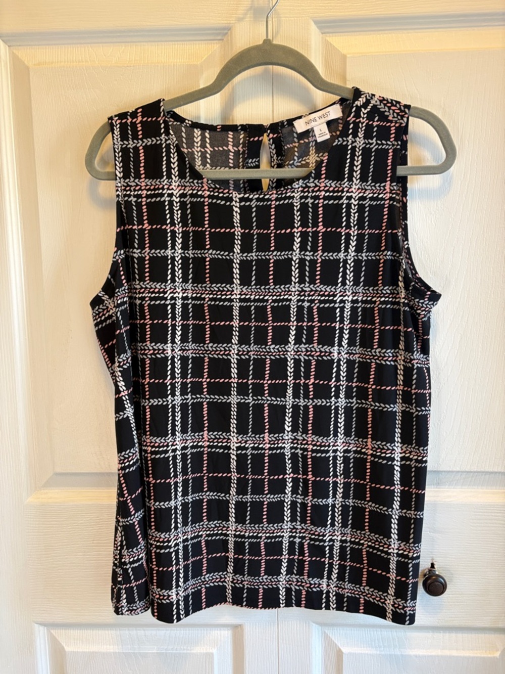 Nine West Black Plaid Sleeveless Blouse with Pink and White Accents